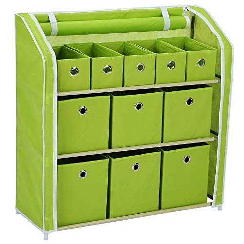 Home-Like 11 Drawer Storage Organizer,Muti-Bin Toy Organizer, 3 Tier Metal Shelves with 11 Removable Fabric Bins, DIY Multi-Purpose Storage Chest Suit for Home Office Bedroom Playroom, Green