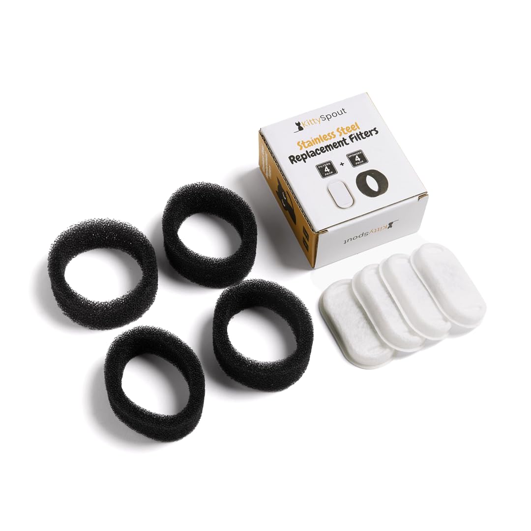 KittySpout Cat Water Fountain Filters for 108oz/3.2L… (2 Month Supply: 4 Filters & 4 Sponges)