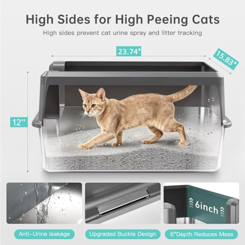 Image of Stainless Steel Litter Box, Open Top High Sided Cat Litter Box for Big Cat | XL, 1 Scoop, Anti-Urine Leakage, Non-Stick Odor-Free, Easy Clean, High Sides Block Spray, Reduce Litter Tracking, Durable