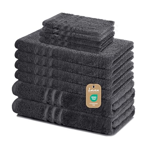 Lavea® 10-teiliges Handtuch Set Elena, 100% Baumwolle - 4 x Handtuch, 2 x Duschtuch, 2 x Gästetuch, 2 x Waschhandschuh, Frottee Handtücher Set weich, saugstark & pflegeleicht, Bad & Gäste, Anthrazit