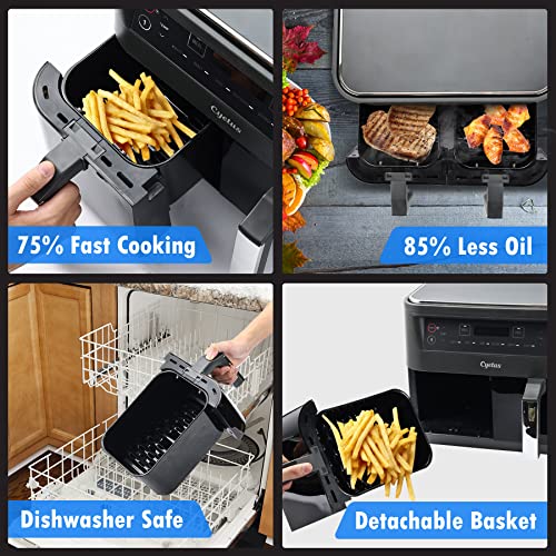 This is a picture of a product for sale called CYETUS Smart Double Air Fryer 2 Baskets 8 Quart XL,  Dual Zone Independent Cooking,  Clear Cook Window,  App with Recipe,  Smart WiFi Control,  Dishwasher Safe Basket,  Grey