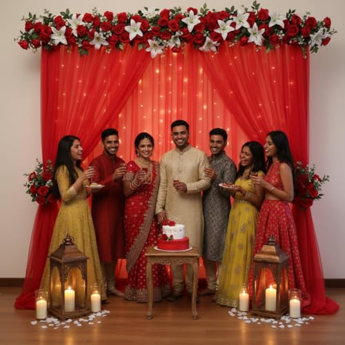 Image of Party Propz Red Backdrop Decoration - 3Pcs, Backdrop Cloth for Decoration Pooja, Pooja Background Decorations Items, Wedding and Haldi Decorations, Red Curtain for Anniversary Decor(Net Mix)