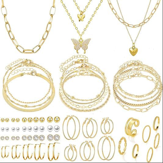 CHarmeFleur 47 Pièces Ensemble de Bijoux en Or Avec 3 Pièces Colliers 11 Pièces Bracelets 20 Pièces Créoles Boucles d'Oreilles 7 Pièces Bagues Set pour...