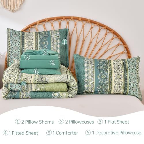 Image of Cottolester Boho Queen Comforter Set 8 Pieces,Green Bohemian Comforter Paisley Striped Bed in A Bag,Soft Microfiber Bedding Set for All Season