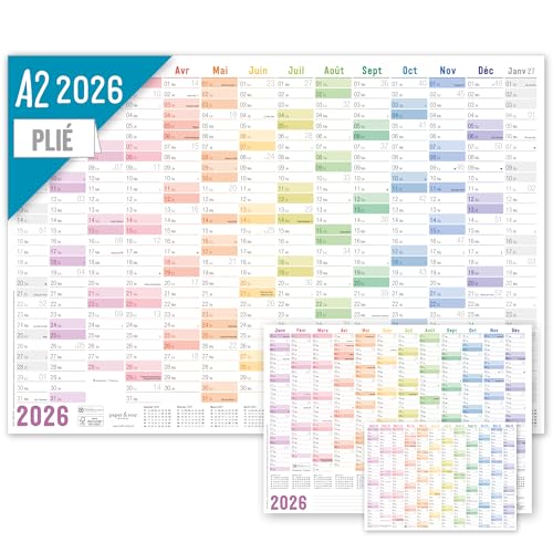 Calendrier mural 2026 A2 en français (59 x 42 cm) plié pour 14 mois déc 2025 - jan 2027 - avec jours fériés de la France + extra A3 & A4 - durable &...