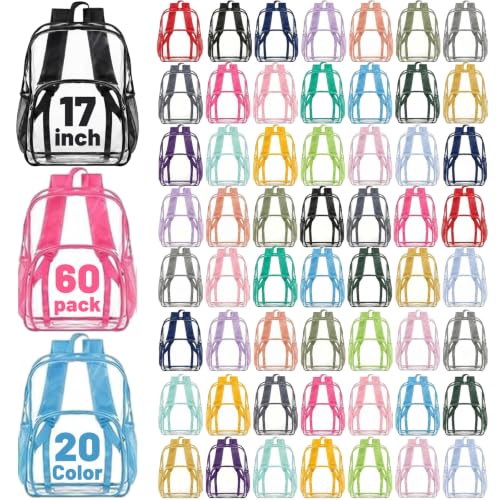 Image of Amylove 60 Pcs Clear Backpack bulk for Stadium Events Heavy Duty PVC Transparent Bookbag for College Workplace Security (17 Inches,20 Colors)