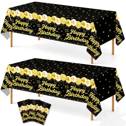Image of 3 Pack Black and Gold Happy Birthday Tablecloths, 54 x 108 Inch Covers | Black and Gold Birthday Party Decorations for Men, Women and Teens, Ideal for Cake, Dessert, Gift and Buffet Tables