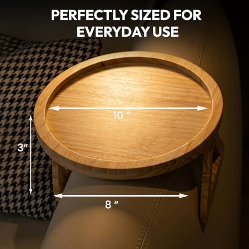 Image of Questsole Home Pack of 2 Round Sofa Armrest Tray - 10 Inch Bamboo Clip-On Couch Table for Coffee, Snacks, Remote & Phone with Adjustable Arm Clamp