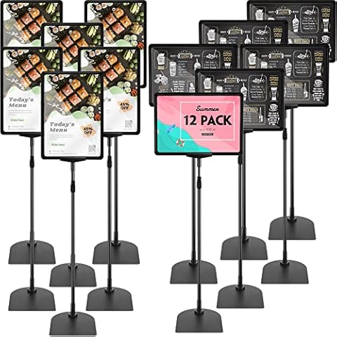 Wesiti 12 Pack Adjustable Poster Stand Holder 8.5x11 Inch Floor Standing Display Sign Holder for Advertising Business Menu Sign Holder Vertical and Horizontal View Sign Displayed Black Cover