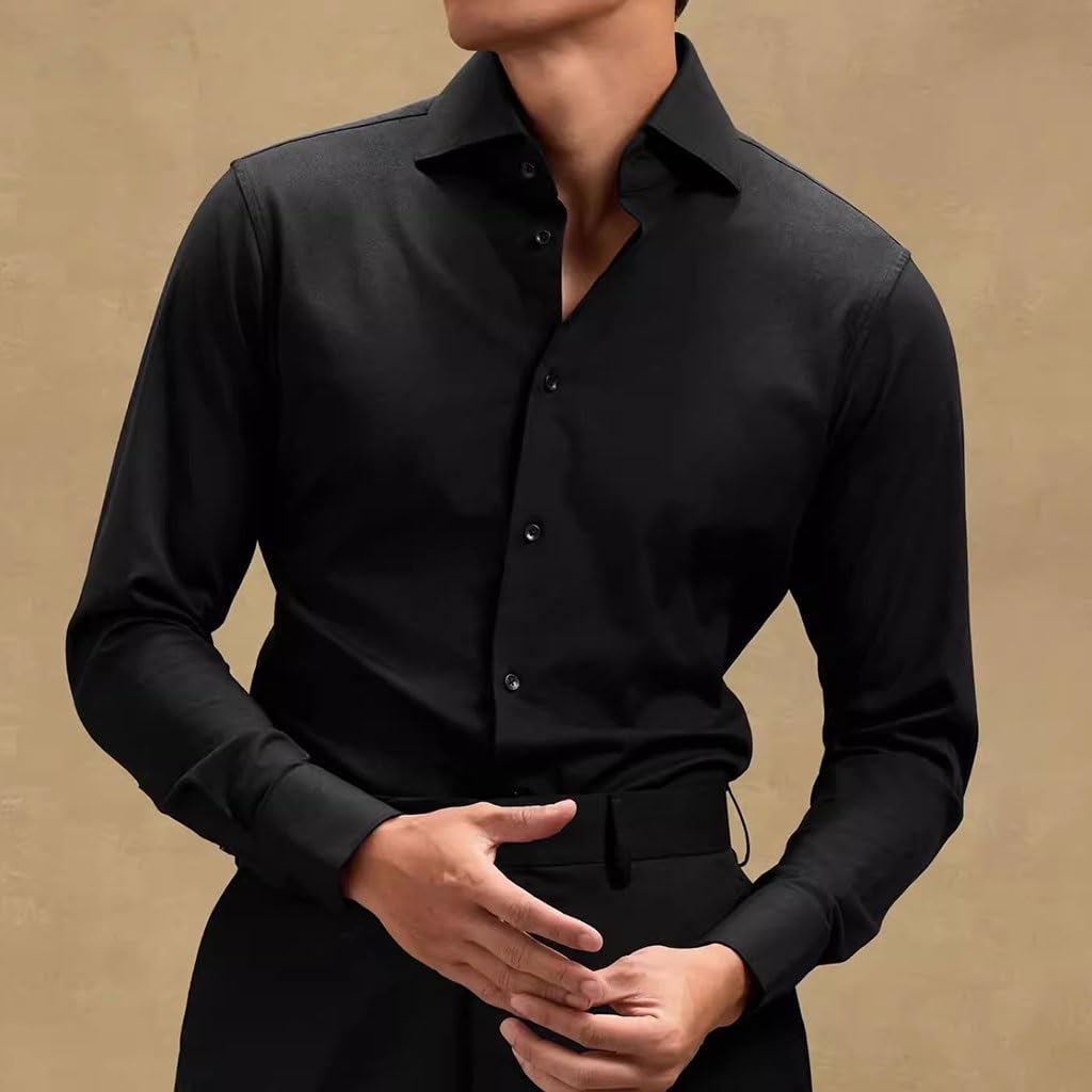 Camisa De Vestir De Hombre Sin Plancha, Camisa Negra De Manga Larga con Cuello Abierto, para Negocios & Bodas