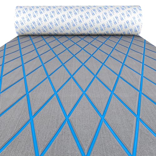 OCEANBROAD Diamond Pattern Boat Flooring 96''x38'' Self-Adhesive EVA Foam Marine Decking Non-Slip Sheet for Boats, Gray with Blue Lines