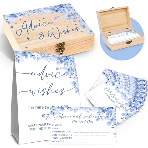 Advice And Wishes For the New Mr and Mrs - 50 Pcs Blue Flower Wedding Advice Cards Box Advices and Wishes Cards For Bride and Groom Newlyweds Blue Flower Wedding Bridal Shower Decorations