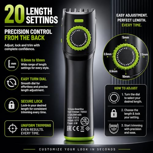Image of TRIMORA SmartOne Fully Waterproof Hair Trimmer, 180 min Runtime, 25 Length Settings, Cordless, Stainless Steel Blade, Black, Battery Powered