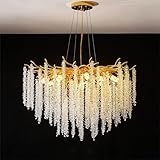 Lustre de branche d'arbre : ce magnifique lustre en cristal de branche est inspiré de la nature. Conçu comme une branche avec des fleurs. Brillant et luxueux, un symbole de récolte (amour, carrière, amitié familiale). La suspension est composée de belles branches décoratives dorées et d'un superbe cristal transparent K9 pur romantique brillant comme un diamant. La lampe entière montre une sorte de beauté artistique sous la lumière.
