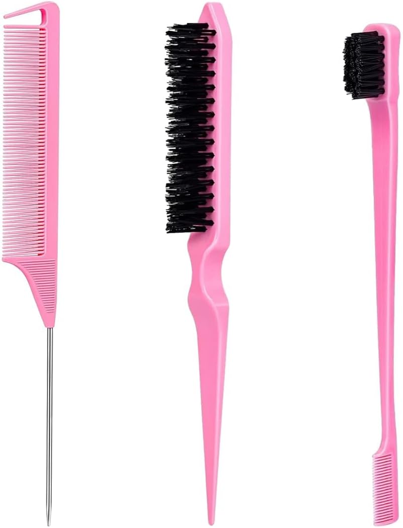 3 Pack Hair Slick-Back Brush Set - Teasing Comb and Double-Sided Edge Brush - Rat Tail Comb for Women’s Hair Styling - Salon & Home Hairdressing Tools (Pink)