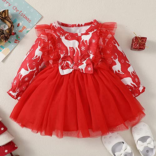 Infant Girls Child Christmas Long Sleeve Deer Prints Tulle Dresses Bow Tie Princess Baby Girl Newbor