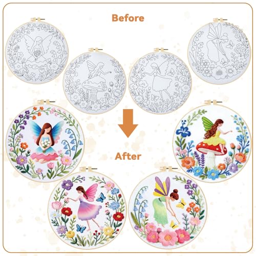 Image of BEUNITONE 4 Set Fairy Patterns Embroidery Kit for Beginners 7.9 inchx7.9 inch DIY Complete Needlepoint Kits for Adults, Cross Stitch Starter Kit with Hoops and Instructions, Handmade Gifts for Home Decor