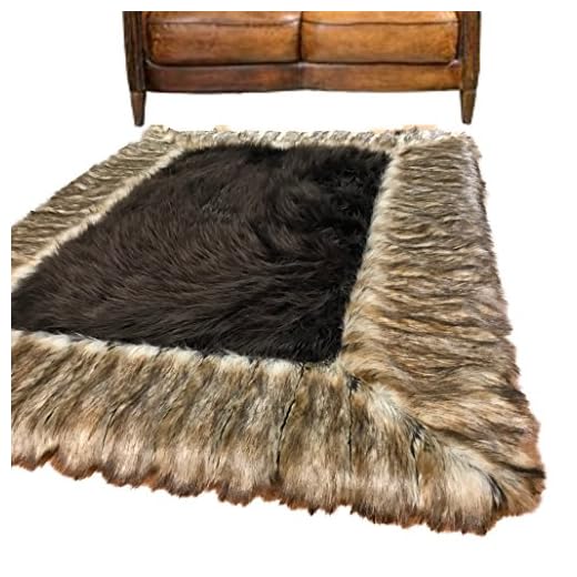 Fur Accents Shag Animal Pelt Rug, Black with Golden Wolf Border, Faux Fur, Bear Skin, Sheepskin Area Rug, Thick Shaggy Soft Fur, Hand Made to Order USA 96"x120"