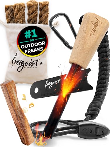 Set: Feuerstahl 10mm + 6 x Zunder| Feuerstein mit Handgefertigtem Holzgriff für noch besseren Funkenflug |Feuerstarter + Zunder für Feuerstahl Outdoor + Paracord + Notfallpfeife + Beutel