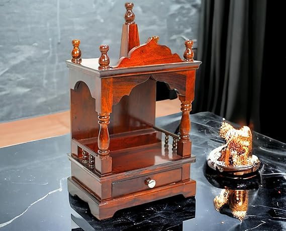 Image of Sheesham Wood Temple Solid Wood Classic Wooden Temple for Home, Office Pooja Mandir with 1 Drawer for Storage Home Decoration | Wall Devghar
