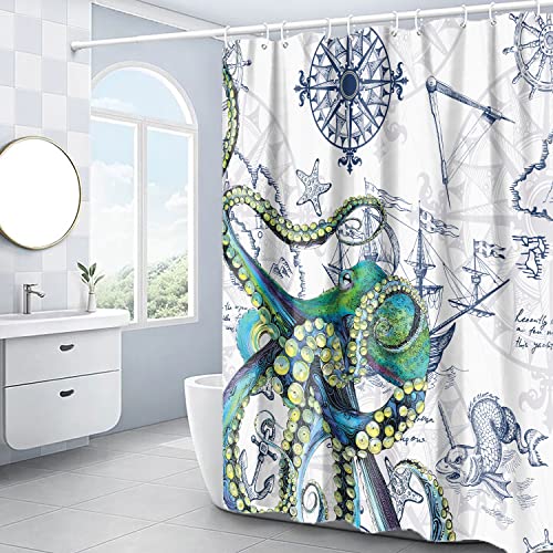 Domoku Octopus Shower Curtain For Bathroom, 3D Ocean Nautical ​Kraken Fabric Shower Curtain Decorative, With 12 Hooks Waterproof Washable 72 X 72 Inches #TOP1