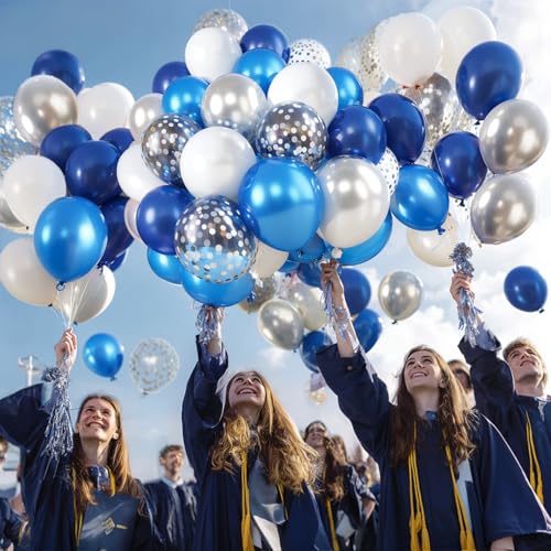 Image of Blue White Silver Confetti Balloons - 50pcs 12 inch Metallic Blue Silver and Clear White Confetti Latex Balloons for Graduation Father's Day Birthday Wedding Anniversary Bridal Shower Party Decorations