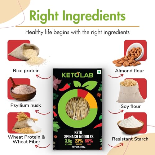Image of Ketolab Keto Spinach Noodles Spaghetti, 200 Gms, 1 Pack, 3.8g Net Carb & 23% High Protein /Serving, Identical to Regular Noodles, Low Carb, High Fibre, Low GI, Keto Diet, Diabetic Friendly