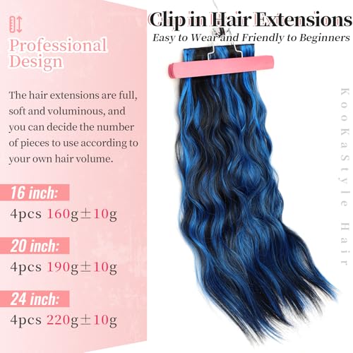 Image of Wavy Thick Clip in Hair Extensions 24 inch Blue - Black Streak | 4 Pieces Clip in Extensions,Fiber Double Weft Hairpieces,Natural Volume,Beach Wave Long Synthetic Hairpieces for Women