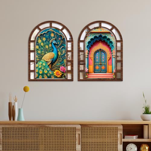 Image of Artvibes Royal Arch Theme Decorative Wall Accent |Jharokha Mirror | Wall Hanging Decor for Living Room, Bedroom, Hall, Dining Room, Foyer, Office & Entryway | Gift (WH 12023N), Set of 2