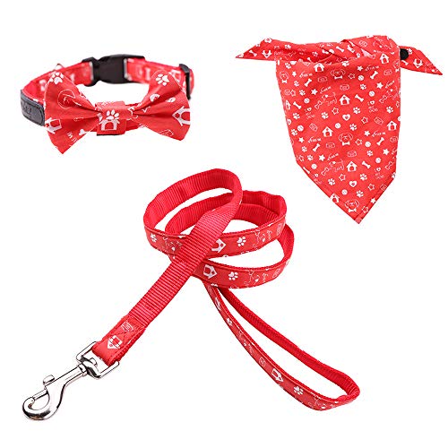 Rayzm Katoen Hond Kraag/Leash & Driehoek Hond Bandana 3 STKS Set voor kleine honden, Afneembare Bow-Knoop Kraag, Verstelbare Halsdoek Sjaal voor Honden Katten Huisdieren, S