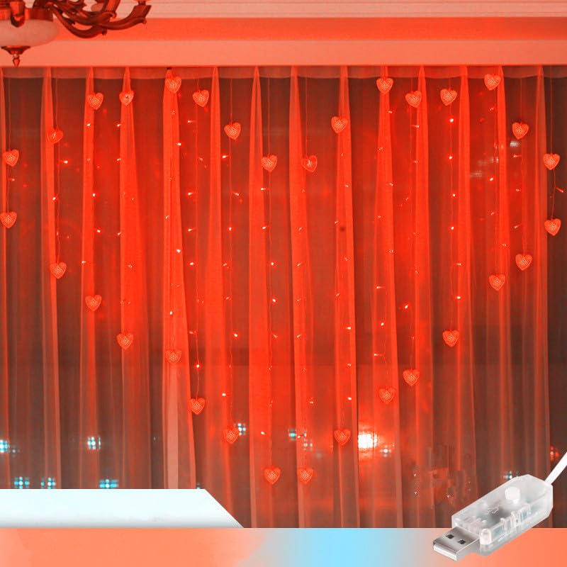 SHANJIA Heart-Shaped Curtain Light, 124 LED 124 LED 2M x 1.5M Fairy Curtain Light Heart-Shaped Chandelier USB Port for Party Bedroom Wedding Decorate (3cm, Red)