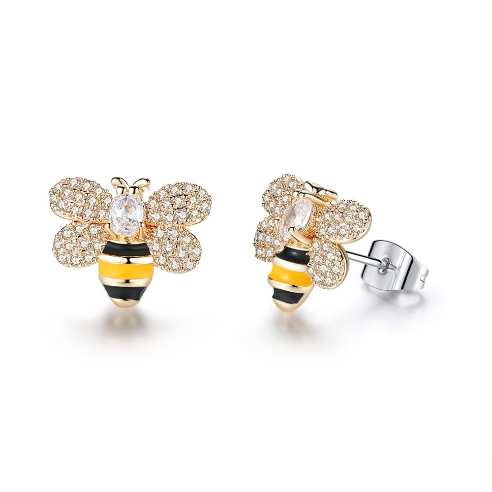 KokomaTiny Bumblebee Stud Earrings for Women Sparkling Cubic Zirconia Crystal Cute Honeybee Cartilage Earring Statement Studs Piercing Hypoallergenic Christmas Jewelry