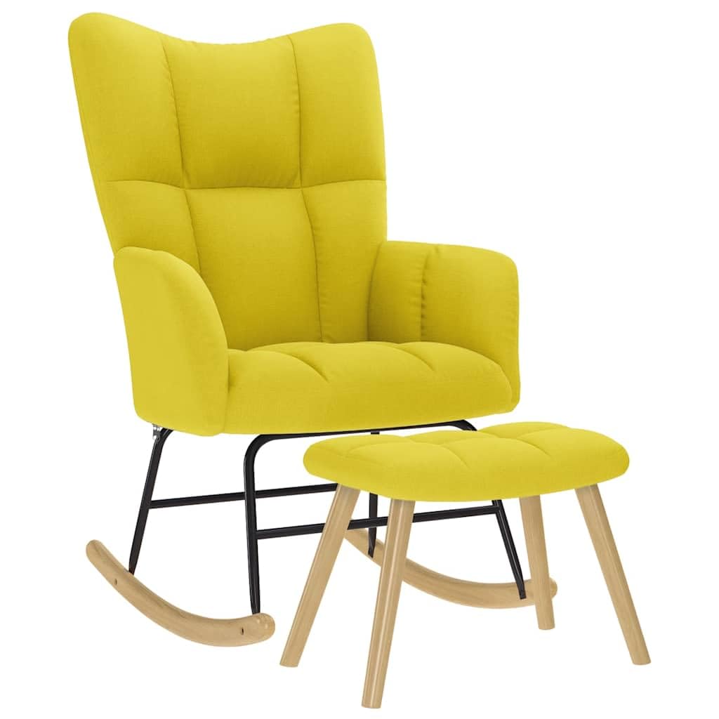 Mecedora con reposapiés de tela amarillo claro, cómodo sillón tapizado con asiento y respaldo acolchados gruesos, marco estable de madera y metal, movimiento suave de balanceo,