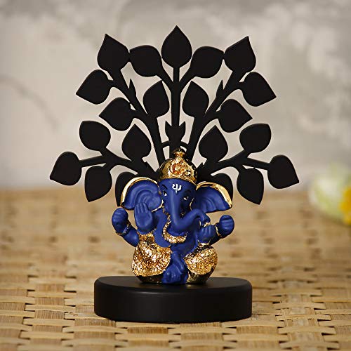 Image of eCraftIndia Gold Plated Blue Dhoti Ganesha Decorative Showpiece with Wooden Tree for Home /Temple /Office /Car Dashboard