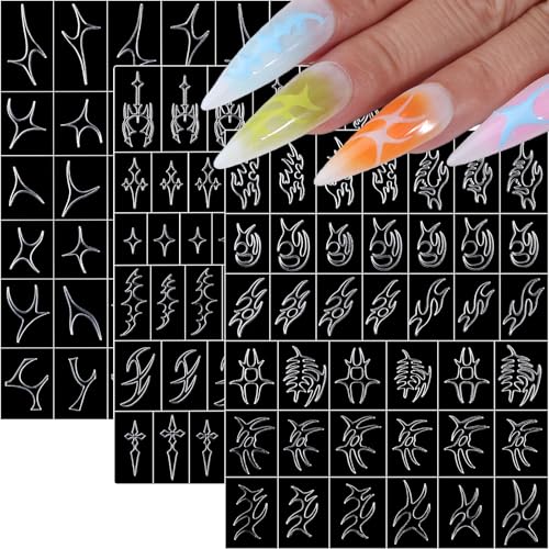 3 Sheets Airbrush Stencils Nail Stickers for Nail Art, Flame Star Irregular Geometric Patterns Nail Decals French Design Hollow Printing Template Stencil Nails Guides for Women Manicure(Transparent-3)