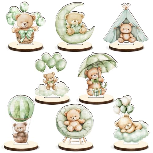 CHarmeFleur 16 peças decoração de mesa de madeira para Baby Shower em verde sálvia com figura de urso e cartaz removível para revelação de género de menino ou menina