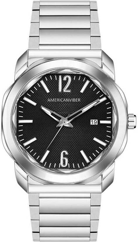 Image of AMERICANVIBER Men's Stainless Steel Watch, White Textured Dial, Analog Quartz Movement, Date Display, Water-Resistant, Silver Tone Bracelet for Men