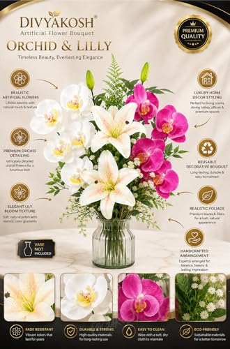 Image of Divyakosh Artificial Flowers Bunch (Vase Not Included). Artificial Flower for Vase, Flower Bouquet Gift with Orchid & Lily Pink White Arrangement for Living Room, Table, Centerpiece, Decor
