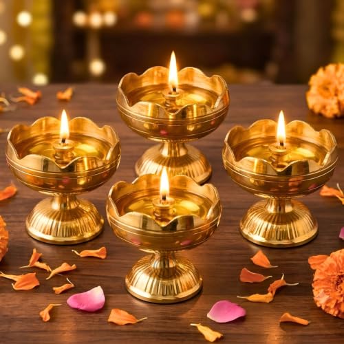 Image of Brass Diya Pure Brass Traditional Oil Puja Lamp for Temple, Mandir, Festival Decoration, Home Decor & Diwali Gift (Flower Bloom, Set of 4)