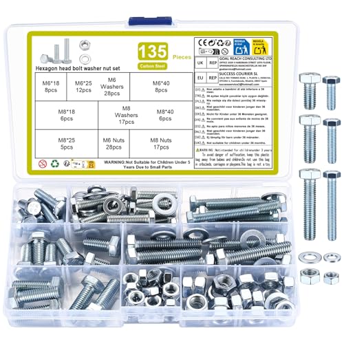 135 STK M6 M8 Sechskantschrauben Muttern Set, Metrisch Sechskant Gewindeschrauben mit Muttern Set mit Unterlegscheiben Sortiment Kit (Weiße Zinkfarbe) 135 STK M6 M8 Sechskantschrauben Muttern Set, Metrisch Sechskant Gewindeschrauben mit Muttern Set mit Unterlegscheiben Sortiment Kit (Weiße Zinkfarbe)