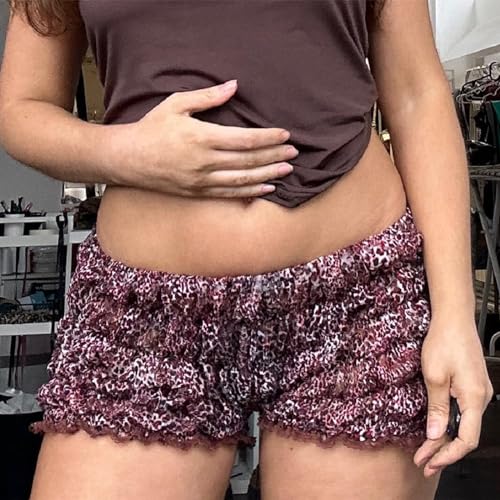 Image of Seyurigaoka Women's Y2K Ruffle Bloomer Shorts, Low Rise Gingham Plaid Leopard Tunnel Lolita Shorts