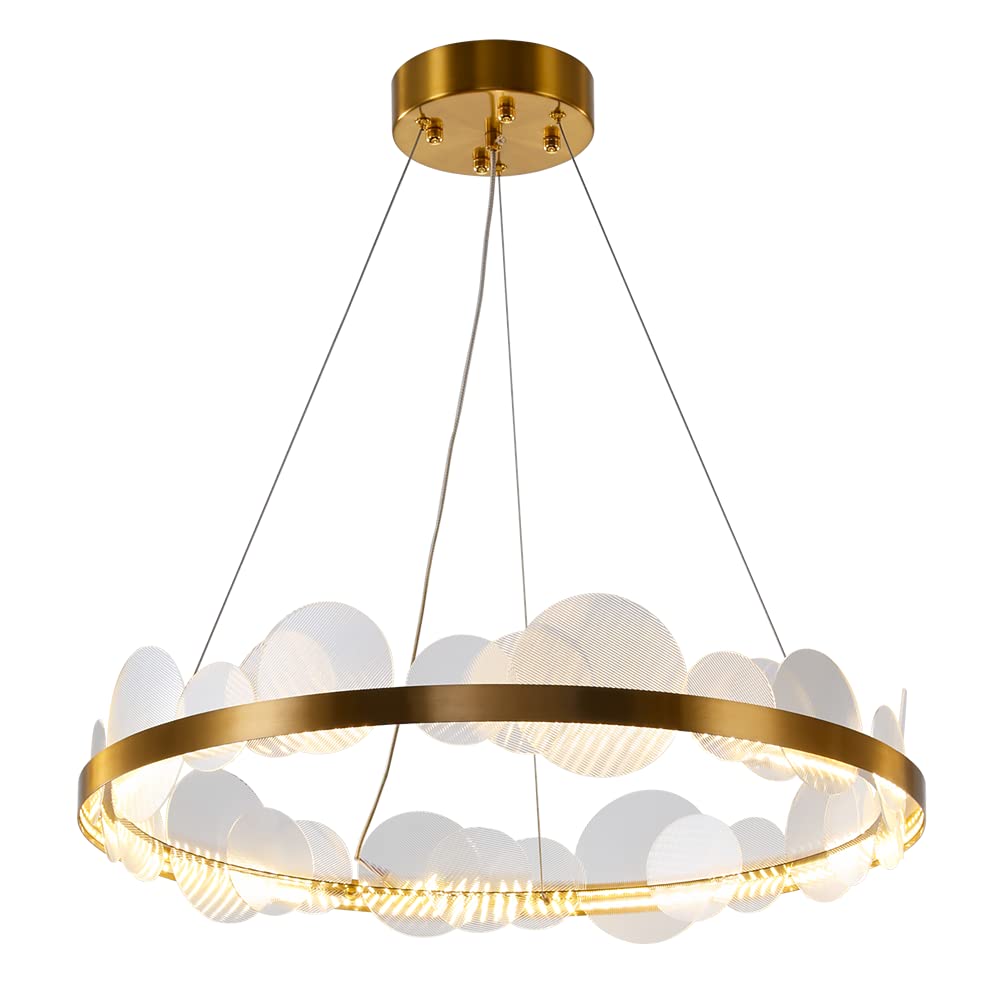 WABON Modern Gold Acrylic Chandelier, Contemporary Round Pendant Light Fixture, 3-Color Switchable LED Strip Hanging Lighting for Living Room Kitchen Island Dining Room(? 23.6")