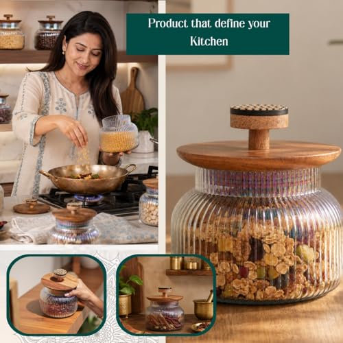 Image of Gleam Glass Jar with Wooden Lid & Resin Knob - Aesthetic & Durable Glass Storage Jar for Organizing Kitchen & Home Essentials
