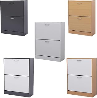 AVC Designs 2 Drawer White Grey Pine Shoe Storage Cabinet Footwear Rack Unit (White)