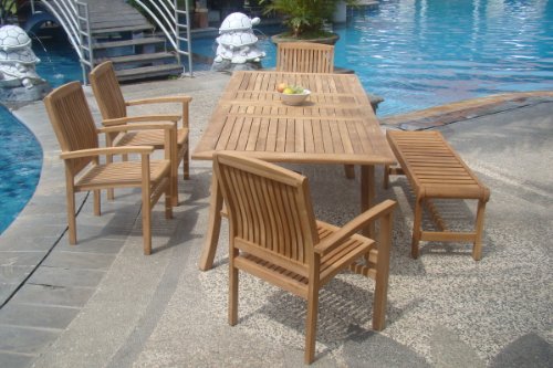 Wholesaleteak New 7 Pc Luxurious Grade-A Teak Dining Set - 94" Double Extension Rectangle Table, 5 Wave Stacking Arm Chairs With 55" Backless Bench #Whdswv8 #TOP1
