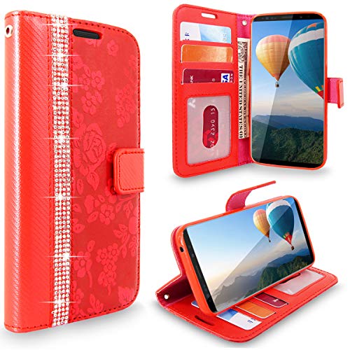 Cellularvilla Galaxy Note 9 Case, [Diamond Jewel] Embossed Flower Design Premium Pu Leather Wallet Case [ID Card Slots] [Wrist Strap] [Stand Feature] Flip Cover for Samsung Galaxy Note 9 (Red)