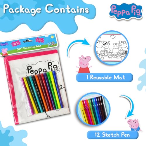 Image of Wembley Peppa Pig Coloring Mat with 12 Markers - Durable,Reusable,& Educational Doodle Mat for Kids Ages 3+ Perfect for Learning,and Fun - Ideal Gift for Toddlers,Birthdays,and Classrooms,Multicolor
