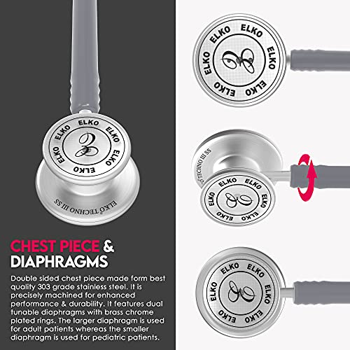 Image of ELKO EL-170 TECHNO III SS Stainless Steel Acoustic Stethoscope | Adult & Pediatric Stethoscope With Double Sided Chestpiece | Two-Way PVC Tubing | Doctors & Medical Students (Grey)