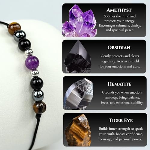 Empathy Protection Crystal Bracelet – Natural Healing Stones for Anxiety Relief & Emotional Support – Amethyst Hematite Tiger Eye Obsidian Beaded Jewelry for Women Men2