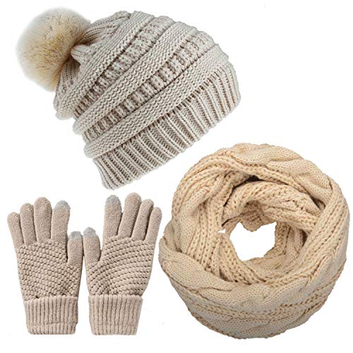 CheChury Gorro Bufanda de punto Guantes Mujer Moda Invierno Set de Bufanda y Gorro de Pompón Suave...